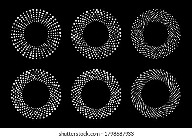 White Halftone circular dotted frames set. Circle dots isolated on the black background. Logo design element for medical, treatment, cosmetic. Round border using halftone circle dots texture. Vector
