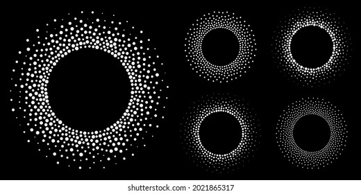 White halftone circular dotted frames set. Circle dots isolated on the white background. Logo design element for medical, treatment, cosmetic. Round border using halftone circle dots texture. Vector