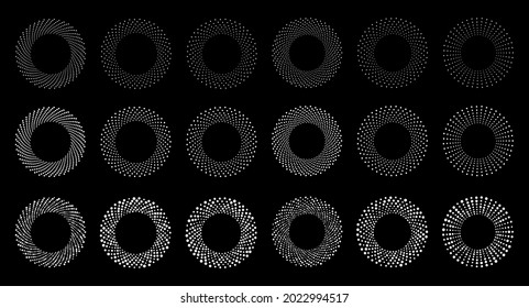 White halftone circular dotted frames set. Circle dots on black background. Logo design element for medical, treatment, cosmetic. Round border using halftone circle dots texture. Vector