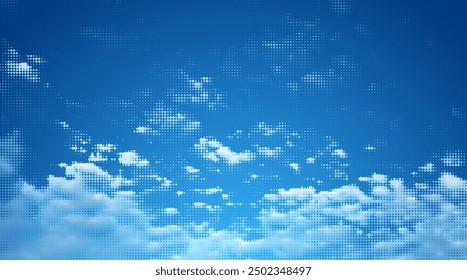 White halftone clouds effect vector over blue sky. Fluffy dotted style  cloudy blue sky.