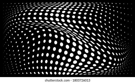 White halftone convex distorted gradient circle dots background. Horizontal distort bulging template using halftone dots pattern. Vector illustration.