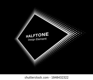 White halftone distort rhombus in perspective. Circle dots.   Logo design element. Sale banner. Half tone rectangle. Vector illustration