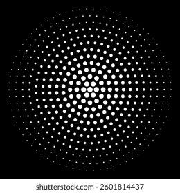 White halftone dots create a radial abstract circle on a black background