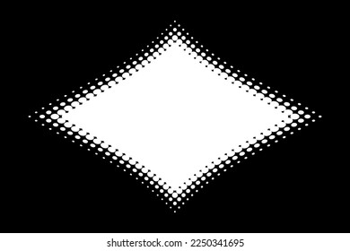 White halftone dots curved gradient pattern texture background. Curve dotted rhombus using halftone circle dot raster texture. Vector technology emblem. Logo half tone. Sale banner