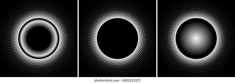 Puntos blancos de medio tono sobre fondo negro, patrón de puntos circulares con espacio de copia, Ilustración vectorial.