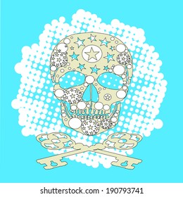 a white halftone dots on a blue background or screen patterns designed. and a skull in the center of the humor is seen. attitude and ghostly pop art print pattern vector with keys