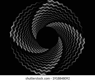  White halftone dots in vortex form. Geometric art. Trendy design element.Circular and radial lines volute, helix.Segmented circle with rotation.Radiating arc lines.Cochlear
