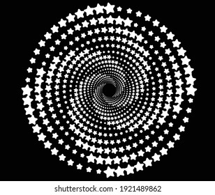 White halftone dots in vortex form. Geometric art. Trendy design element.Circular and radial lines volute, helix.Segmented circle with rotation.Radiating arc lines.Cochlear,stars
