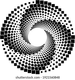  White halftone dots in vortex form. Geometric art. Trendy design element.Circular and radial lines volute, helix.Segmented circle with rotation.Radiating arc lines.Cochlear 