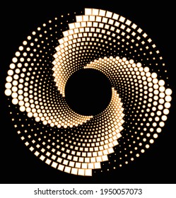 White halftone dots in vortex form. Geometric art. Trendy design element.Circular and radial lines volute, helix.Segmented circle with rotation.Radiating arc lines.Cochlear