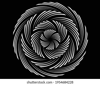 White halftone dots in vortex form. Geometric art. Trendy design element.Circular and radial lines volute, helix.Segmented circle with rotation.Radiating arc lines.Cochlear