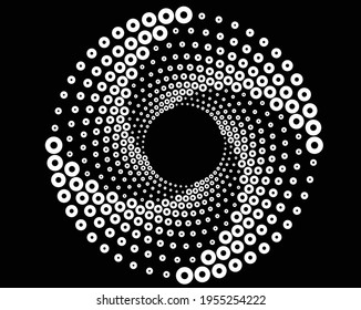 Los puntos blancos de semitono en forma vórtice. Arte geométrico. Elemento de diseño moderno.Líneas circulares y radiales volute, helix.Círculo segmentado con rotación.Líneas de arco radiante.Cochlea