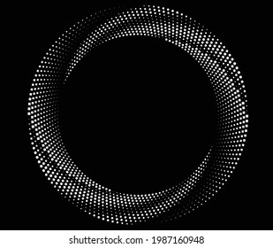 White halftone dots in vortex form. Geometric art. Trendy design element.Circular and radial lines volute, helix.Segmented circle with rotation.Radiating arc lines.Cochlear