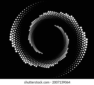 White halftone dots in vortex form. Geometric art. Trendy design element.Circular and radial lines volute, helix.Segmented circle with rotation.Radiating arc lines.Cochlear