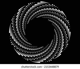  White halftone dots in vortex form. Geometric art. Trendy design element.Circular and radial lines volute, helix.Segmented circle with rotation.Radiating arc lines.Cochlear