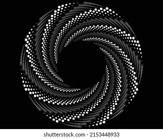  White halftone dots in vortex form. Geometric art. Trendy design element.Circular and radial lines volute, helix.Segmented circle with rotation.Radiating arc lines.Cochlear
