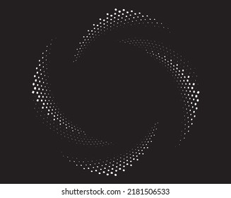 White halftone dots in vortex form. Geometric art. Trendy design element.Circular and radial lines volute, helix.Segmented circle with rotation.Radiating arc lines.Cochlear