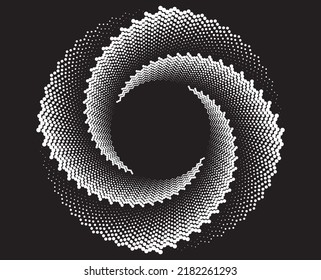 Los puntos blancos de semitono en forma vórtice. Arte geométrico. Elemento de diseño moderno.Líneas circulares y radiales volute, helix.Círculo segmentado con rotación.Líneas de arco radiante.Cochlear