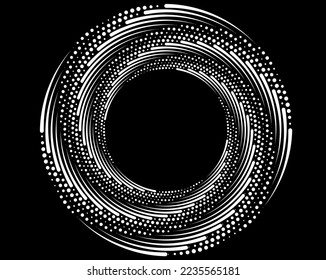 White halftone dots in vortex form. Geometric art. Trendy design element.Circular and radial lines volute, helix.Segmented circle with rotation.Radiating arc lines