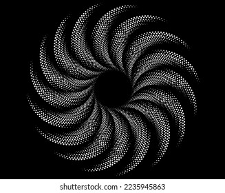 Los puntos blancos de semitono en forma vórtice. Arte geométrico. Elemento de diseño moderno.Líneas circulares y radiales volute, helix.Círculo segmentado con rotación.Líneas de arco radiante