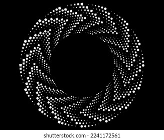 White halftone dots in vortex form. Geometric art. Trendy design element.Circular and radial lines volute, helix.Segmented circle with rotation.Radiating arc lines