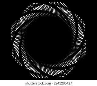 White halftone dots in vortex form. Geometric art. Trendy design element.Circular and radial lines volute, helix.Segmented circle with rotation.Radiating arc lines