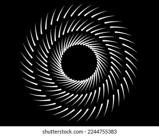 White halftone dots in vortex form. Geometric art. Trendy design element.Circular and radial lines volute, helix.Segmented circle with rotation.Radiating arc lines