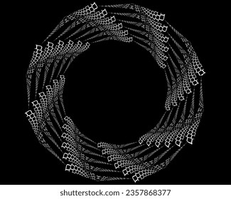 White halftone dots in vortex form. Geometric art. Trendy design element.Circular and radial lines volute, helix.Segmented circle with rotation.Radiating arc lines