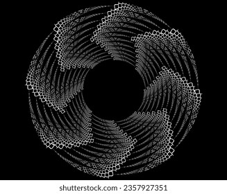  Los puntos blancos de semitono en forma vórtice. Arte geométrico. Elemento de diseño moderno.Líneas circulares y radiales volute, helix.Círculo segmentado con rotación.Líneas de arco radiante