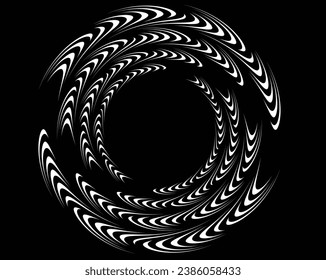 White halftone dots in vortex form. Geometric art. Trendy design element.Circular and radial lines volute, helix.Segmented circle with rotation.Radiating arc lines