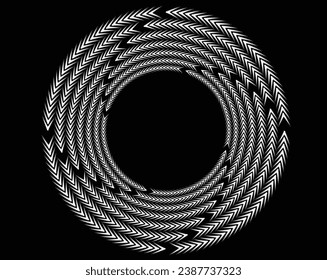 White halftone dots in vortex form. Geometric art. Trendy design element.Circular and radial lines volute, helix.Segmented circle with rotation.Radiating arc lines
