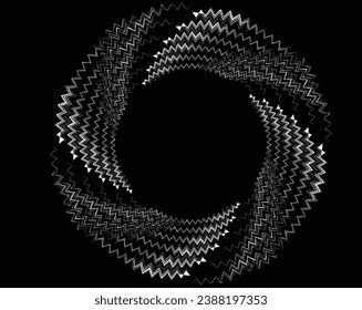 Weiße Halftonpunkte in Wirbelform. Geometrische Kunst. Trendy design element.Circular and radial lines volute, helix.Segmentierte kreisförmige mit Rotation.Lichtbogenlinien