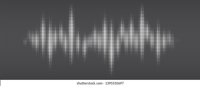 White halftone pattern, audio waveform. Modern design rhythm of heart. Sound wave spectrum. Abstract dotted ornament isolated on black background