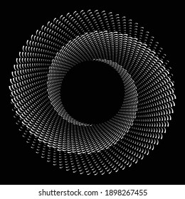 White Halftone Spiral Circle With Waves In Sea Style Over Black Background