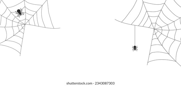 White Halloween banner with spiderweb and spiders and copy space for text. Vector background.