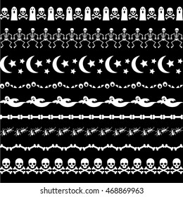 white halloween border patterns with ghosts, moons, skeletons, bones, and ants
