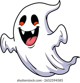 A white Halloween cartoon ghost with a wide smile revealing sharp fangs.