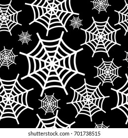 White halloween cobweb seamless pattern. Flat vector cartoon illustration. Objects isolated on black background.