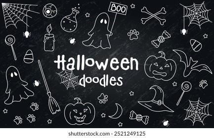 White Halloween Doodles Set on a Blackboard with Grunge Texture, Halloween Icons, Concept, Hand Drawn, Outline, Sketch, Autumn, Vector