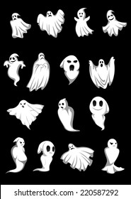 White Halloween ghosts and poltergeist on black background, for scary, fear or danger concept design