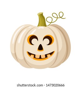 White halloween Jack-O-lantern pumpkin with good smile. Cartoon vector illustration.