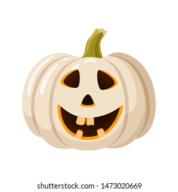 White halloween Jack-O-lantern pumpkin with good smile. Pumpkin laughs. Cartoon vector illustration. The main symbol of Halloween.