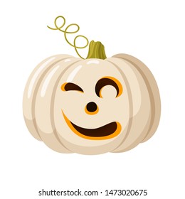 White halloween Jack-O-lantern pumpkin with good smile. Pumpkin winks. Cartoon vector illustration.