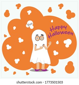 White Halloween kids card with orange elements. A child in a ghost costume is hiding behind a wall. Top text boo.Happy Halloween text to the right. Flat vector illustration layered.Each layer is named