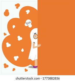 White Halloween kids card with orange elements.A child in a ghost costume is hiding behind a wall.Top text boo.Happy Halloween text behind the wall.Flat vector illustration layered.Each layer is named