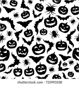 Patrón de halloween blanco con calabazas negras, murciélagos y arañas. Ilustración vectorial.