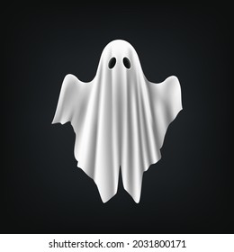 White Halloween spooky monster, spirit or poltergeist flying. Ghost on dark background.