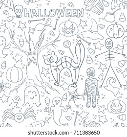 White Halloween vector seamless pattern. Endless line texture for wallpaper, web page background, wrapping paper, textile print. Flat style.