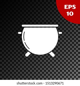 White Halloween witch cauldron icon isolated on transparent dark background. Happy Halloween party.  Vector Illustration