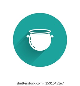 White Halloween witch cauldron icon isolated with long shadow. Happy Halloween party. Green circle button. Vector Illustration